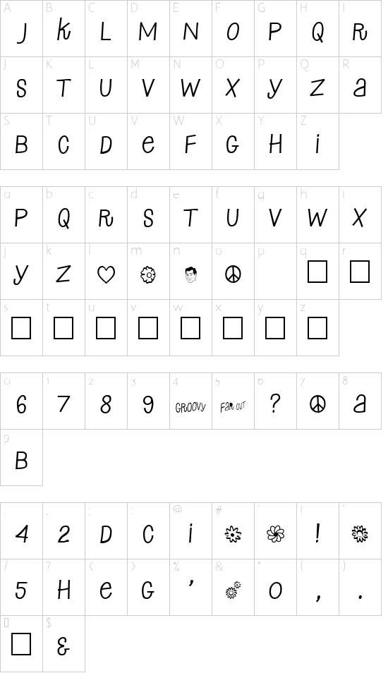 SixtySeven font character map