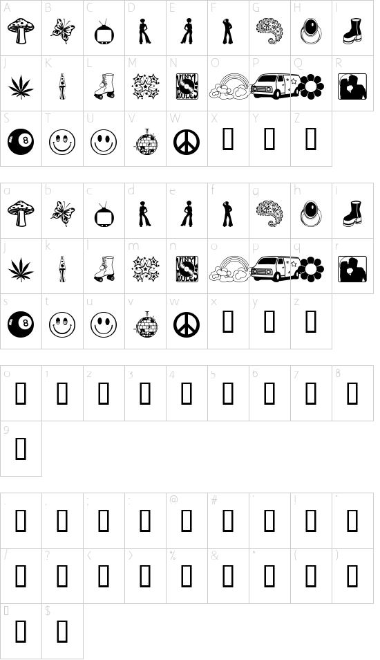 My 70s Ding font character map