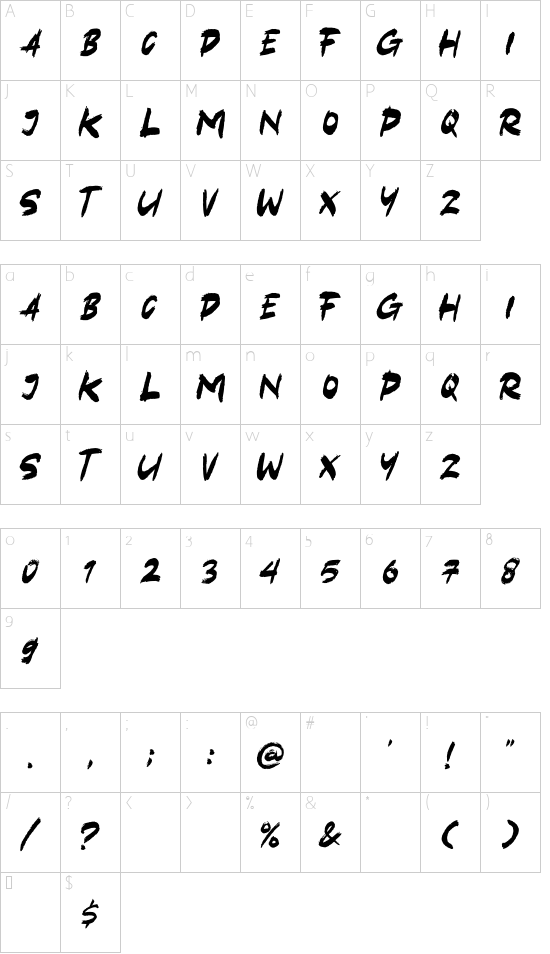 Black Hold font character map
