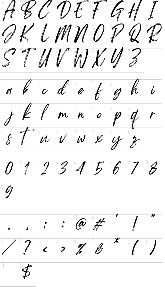 Brightwall Italic font character map