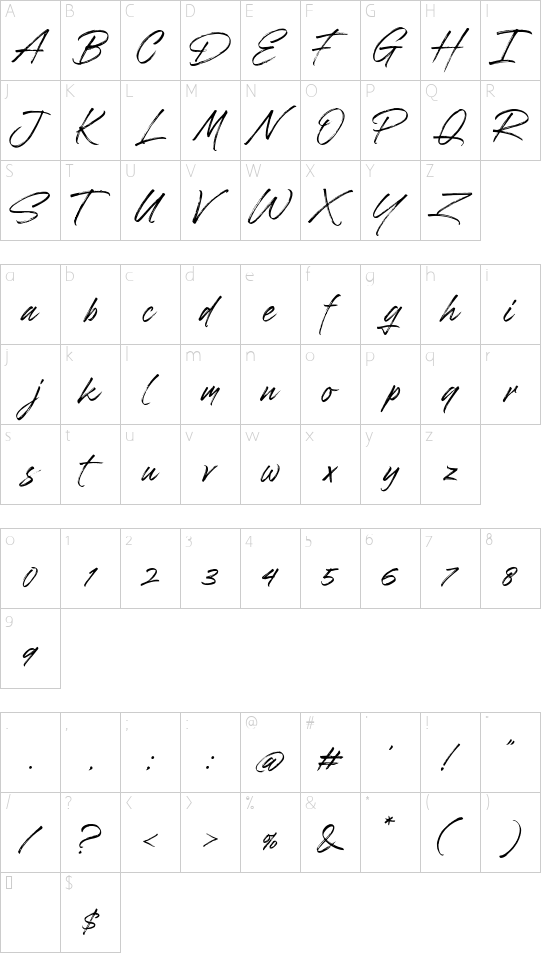 Brushwell font character map