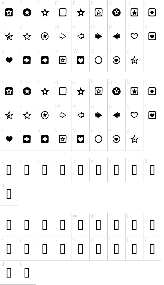 Charms BV font character map