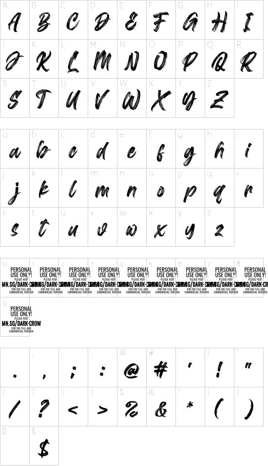Dark Crow Italic PERSONAL USE font character map