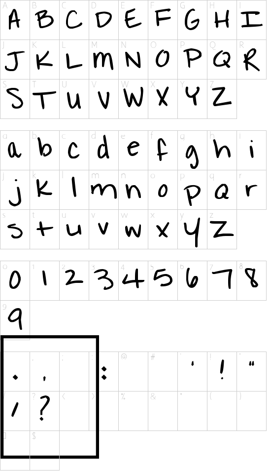 Pea Protani font character map
