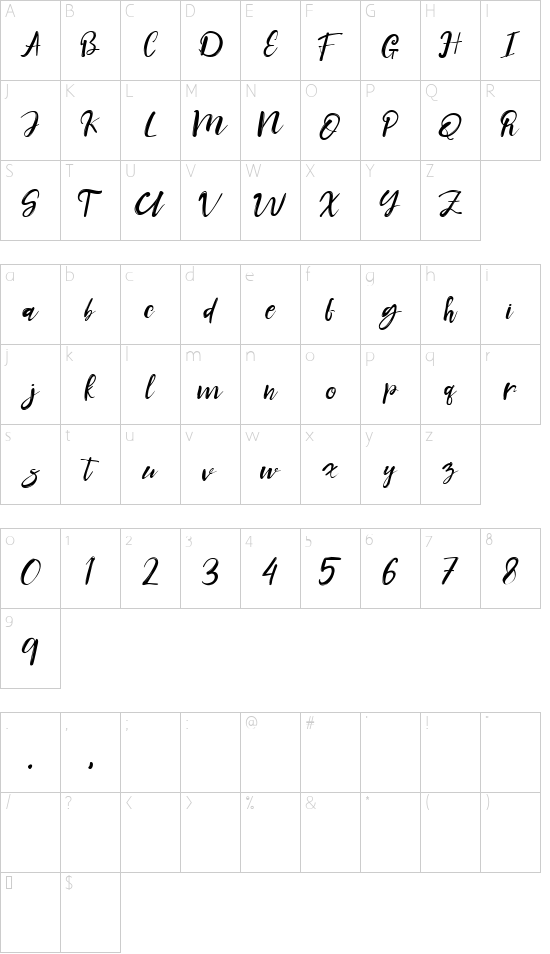 Candice Slanted font character map