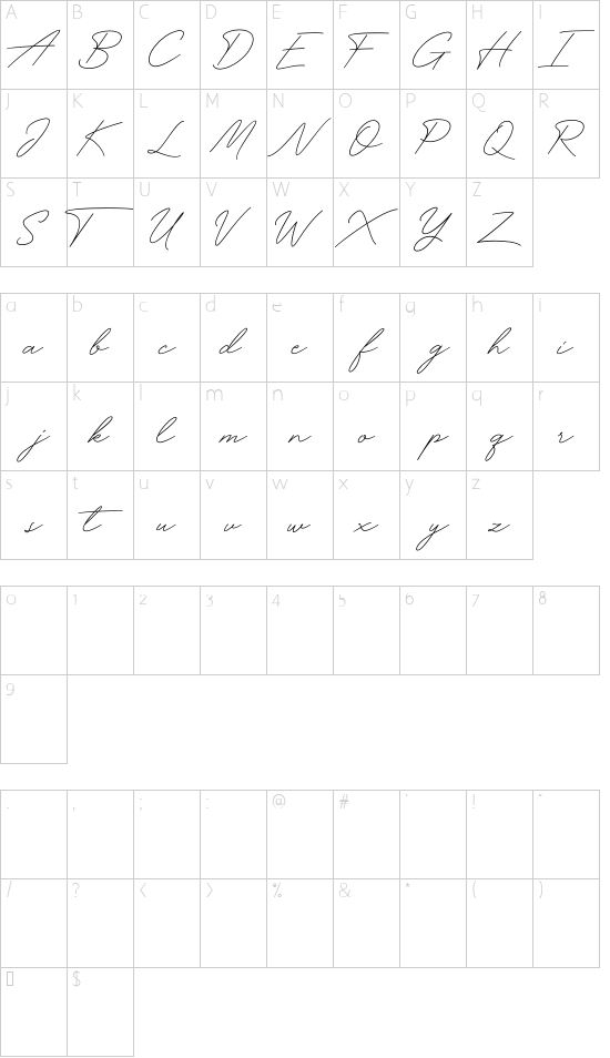 Funky Signature font character map