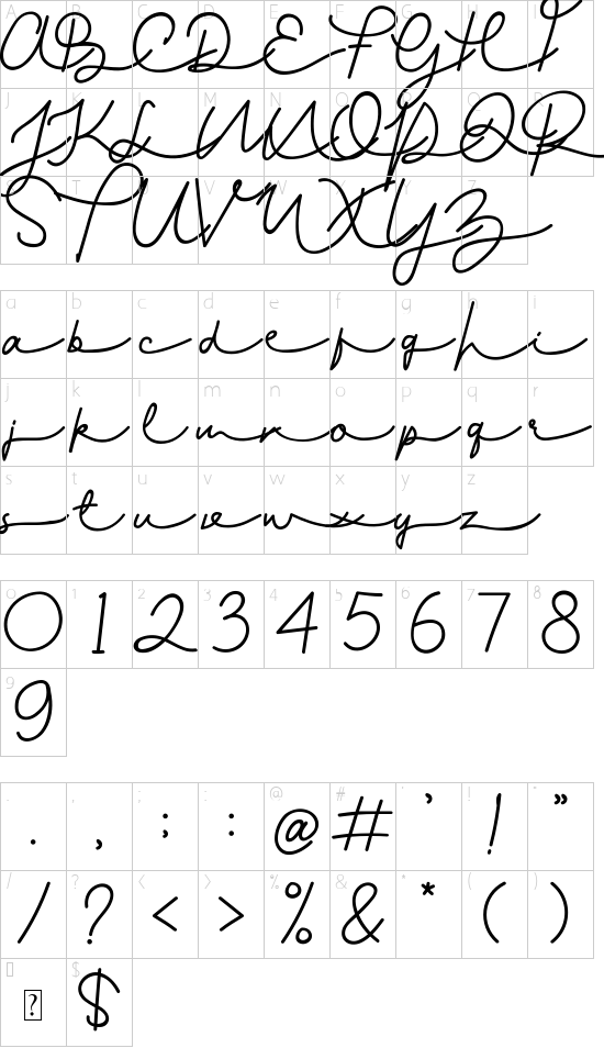 Gladys Script font character map