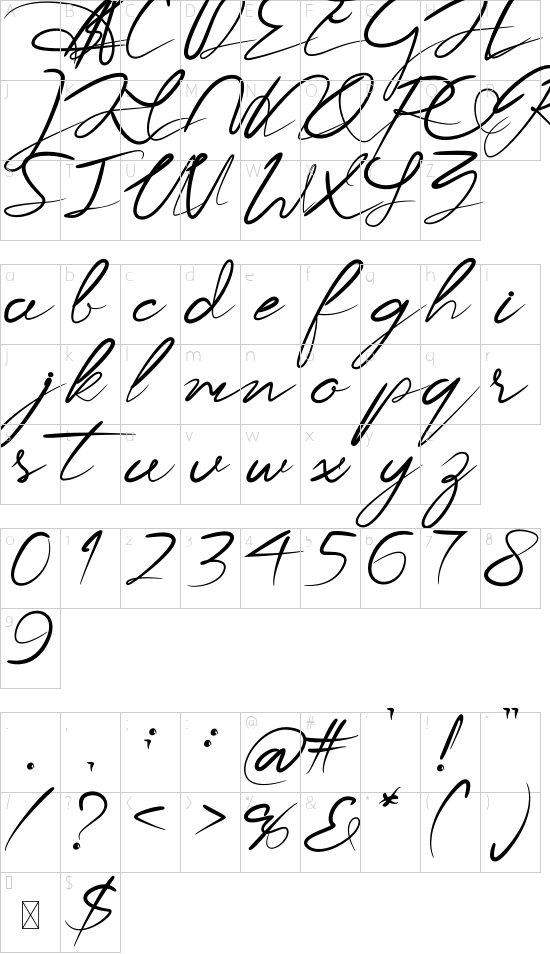 Romantica font character map