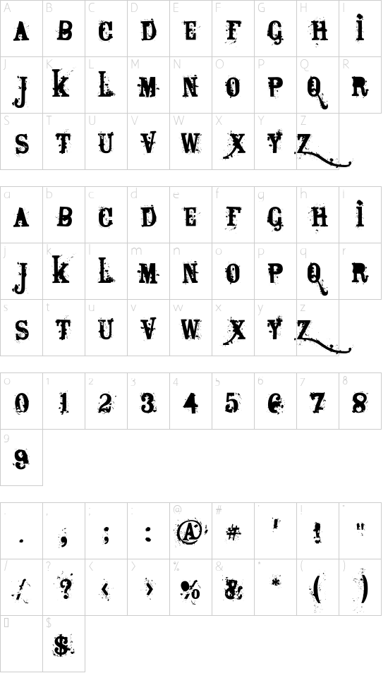 Bagpack font character map