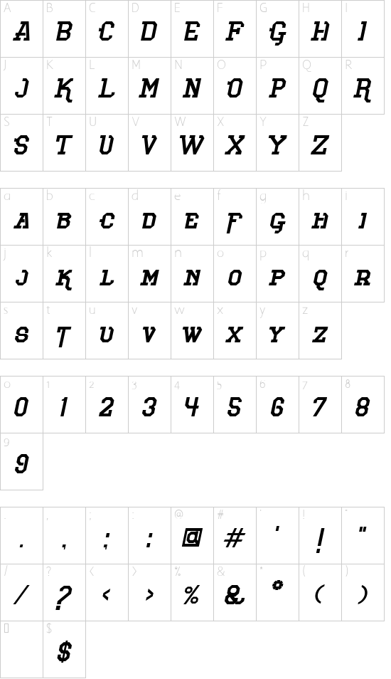 Voetter Italic font character map