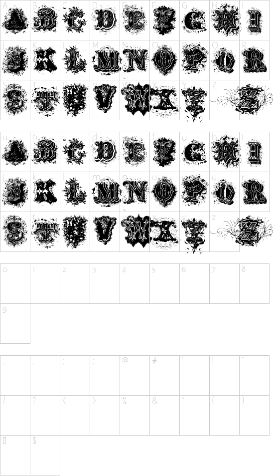 Dirty Ames font character map