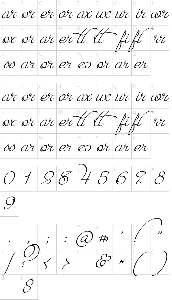 Paradise Script Ligatures font character map