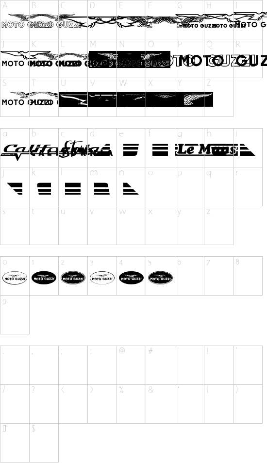 Moto Guzzi font character map