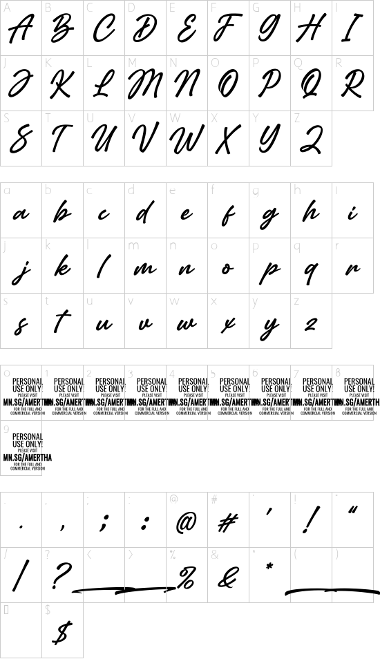 Amertha PERSONAL USE ONLY font character map