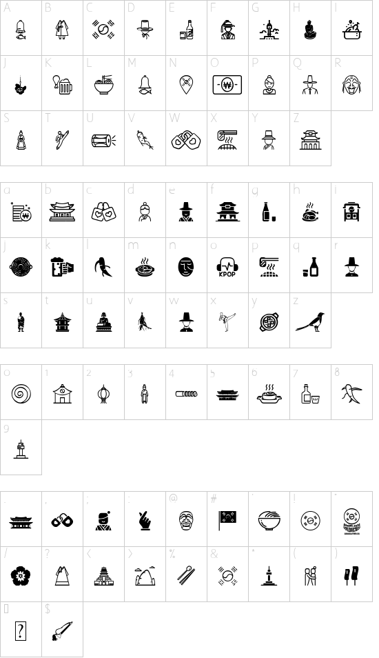 Korean Icons font character map