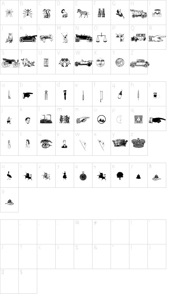 Monocracy Cuts and Clips Regular font character map