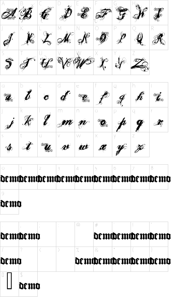 Poesie_Noire_DEMO font character map