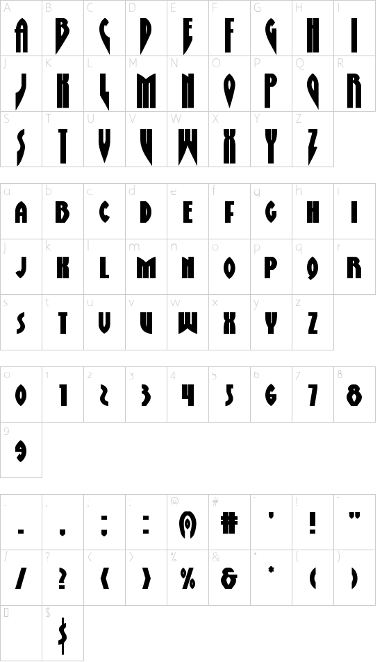 Zirconian Expanded font character map