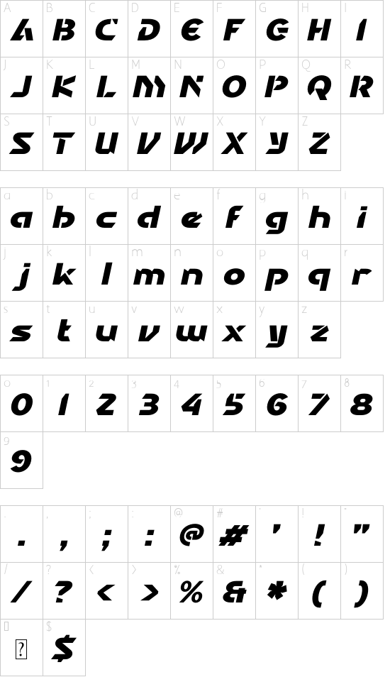 Robotic Cyborg Italic font character map