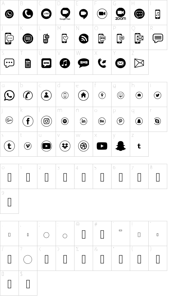 Sosmed_phone Regular font character map