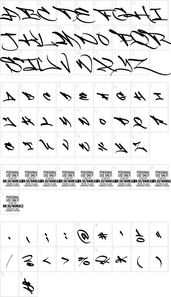 Slim Wandals PERSONAL USE font character map