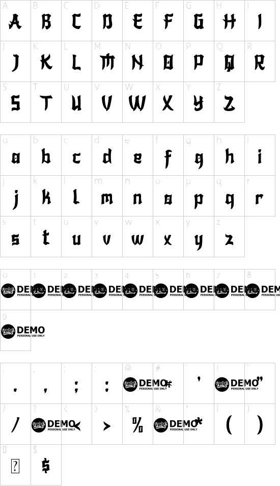 KARASHA font character map