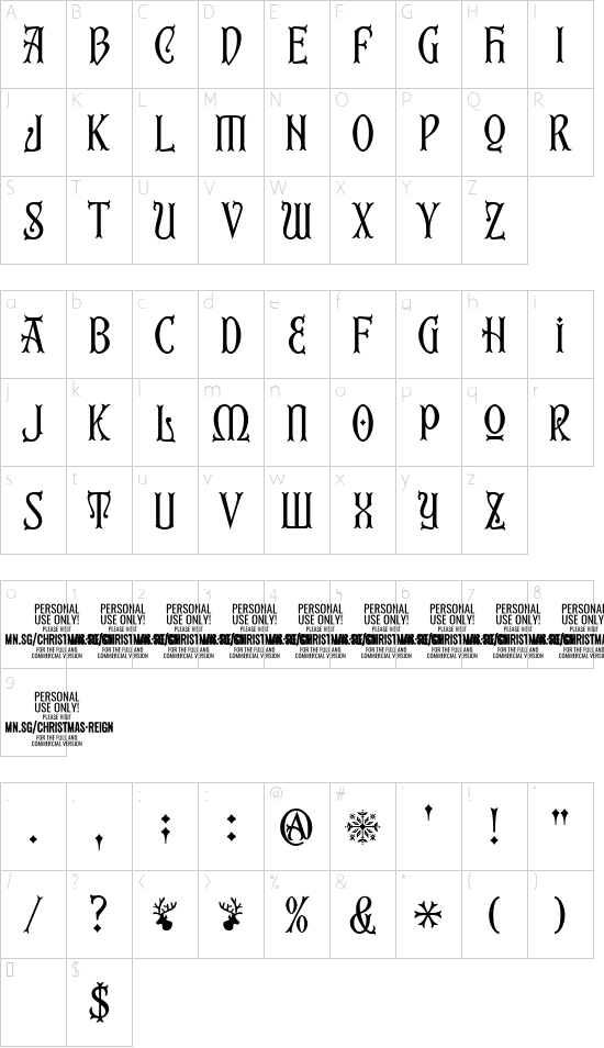 Christmas Reign PERSONAL font character map