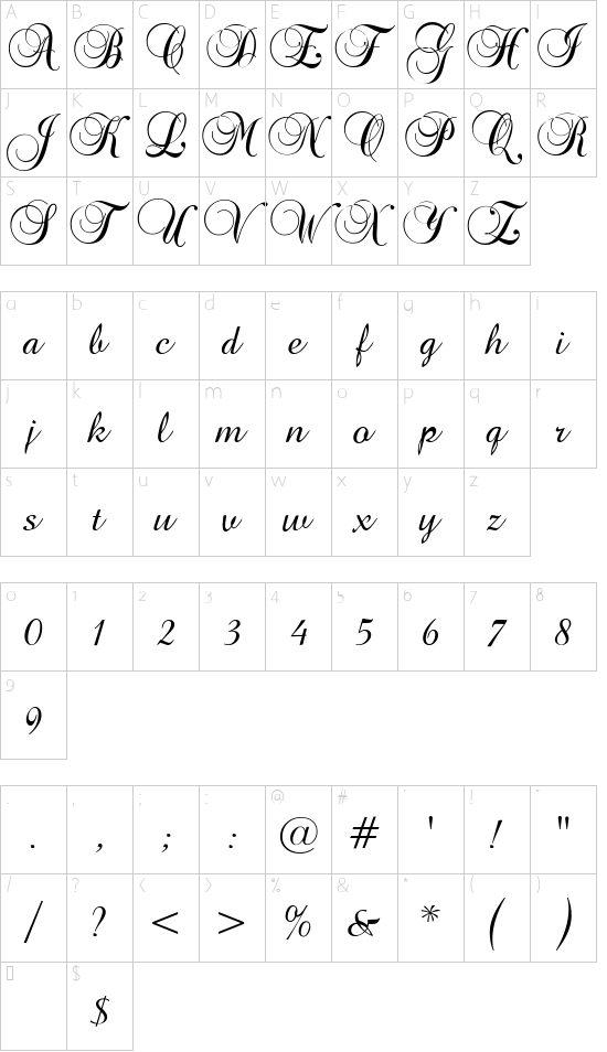 Brock Script font character map