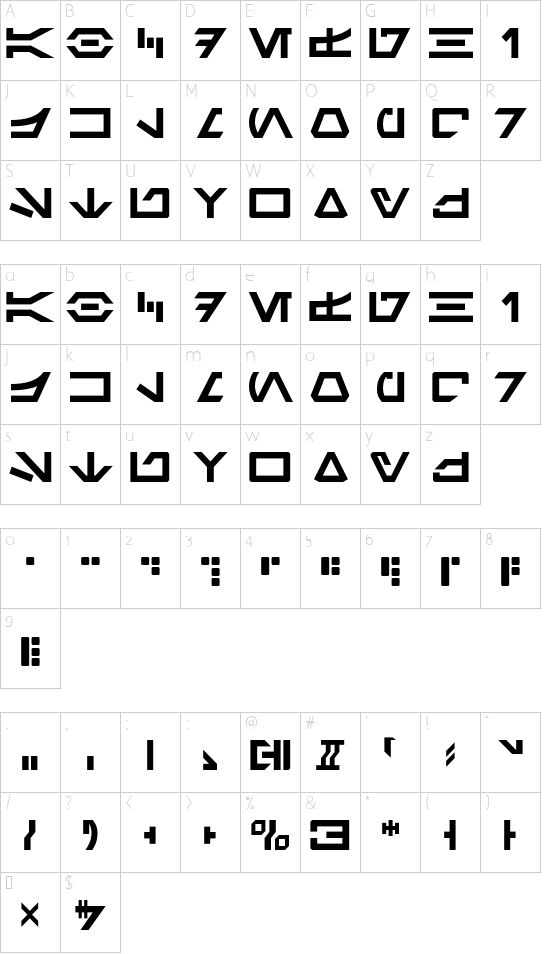 Aurebesh AF Canon Tech font character map