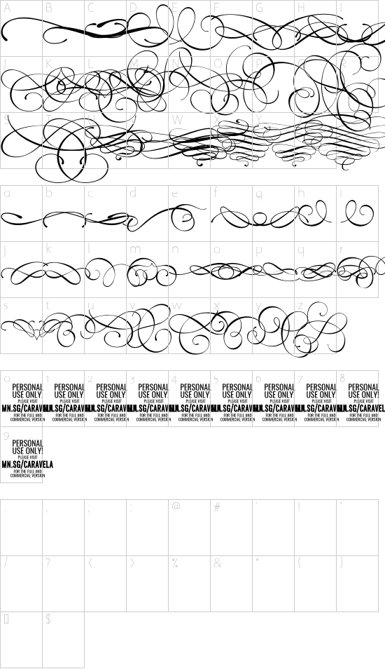 Caravela Swash PERSONAL USE  font character map
