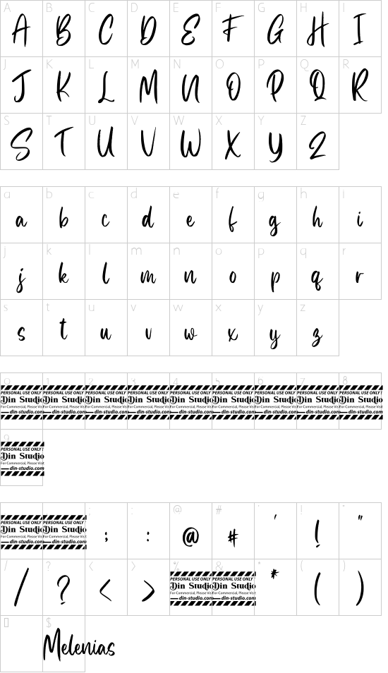 Melenias Personal Use font character map