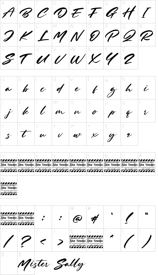 Mister sally Personal Use font character map