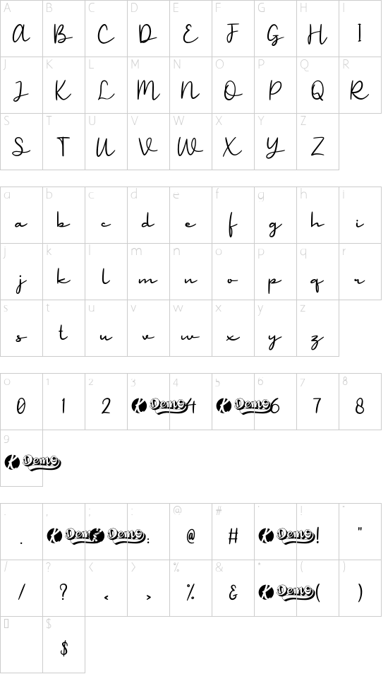 WhiteAmour Script font character map