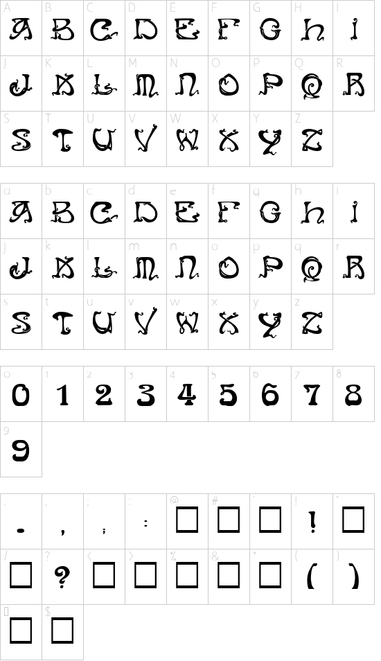 Art Nouveau Caps font character map