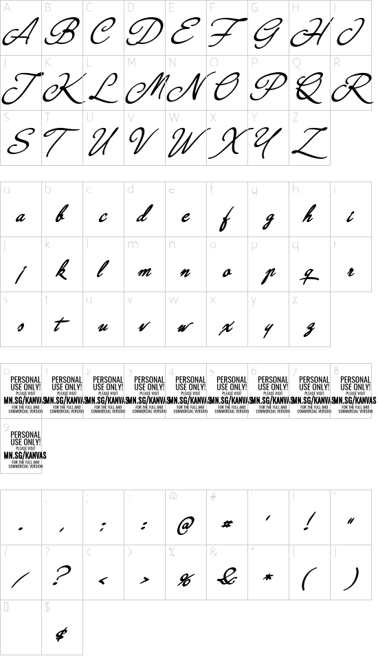 Kanvas Bold PERSONAL USE font character map