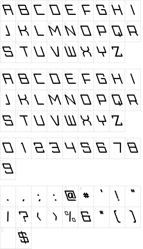 Skylark Oblique font character map