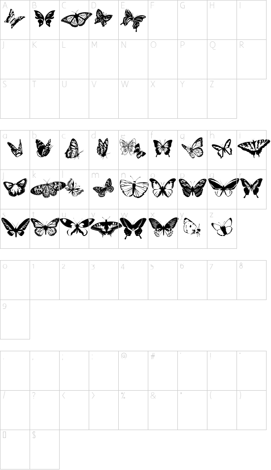 Butterflies font character map