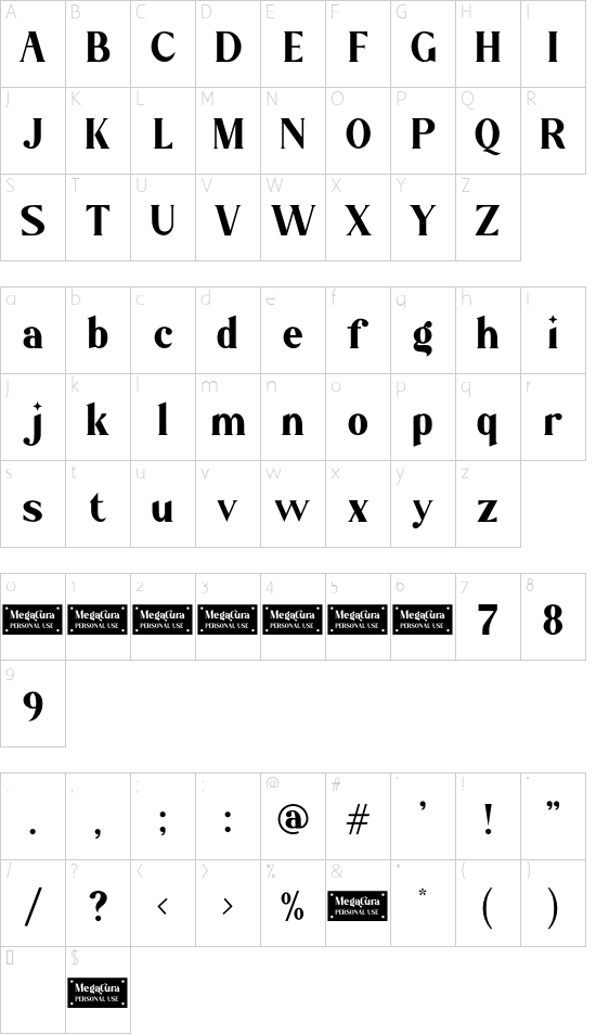 Megatura - Personal Use font character map