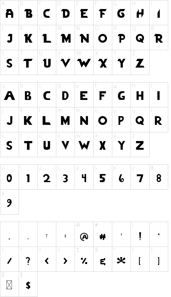 VEZTRO font character map