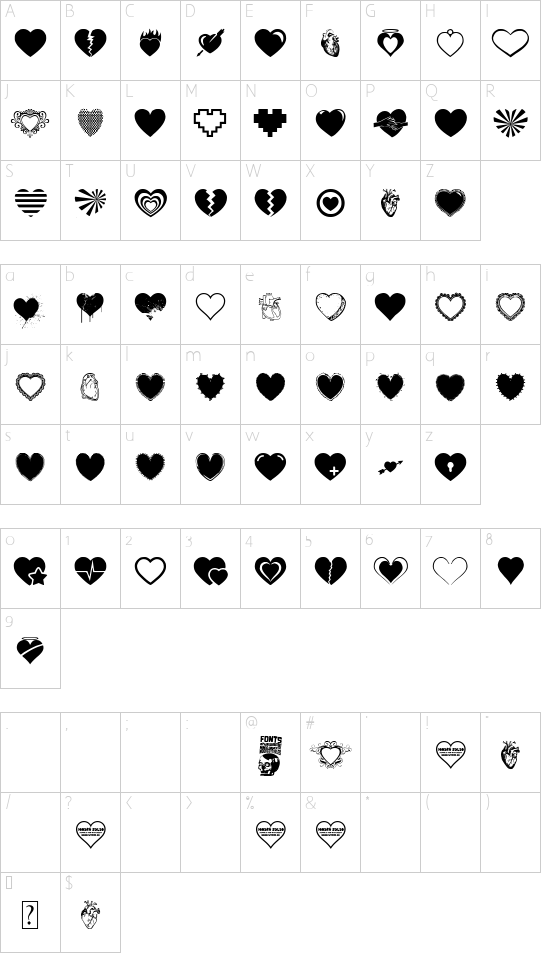 Hearts Salad font character map