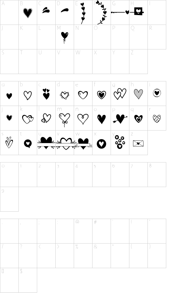 Merciful Heart Doodle font character map