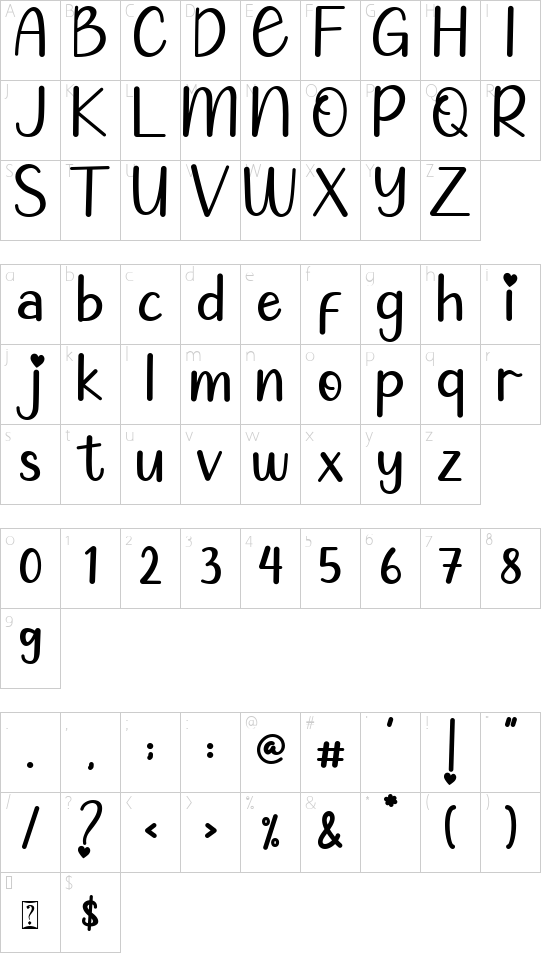 Valentine Cute font character map