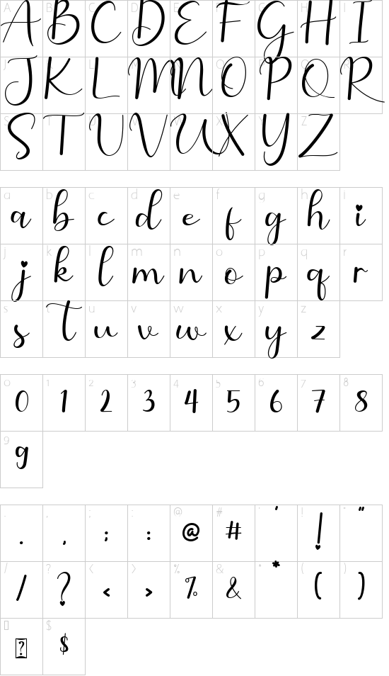 Valenttiena font character map