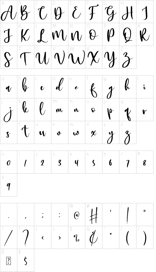 Malyska font character map