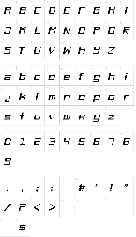 Chiaroscuro Italic font character map