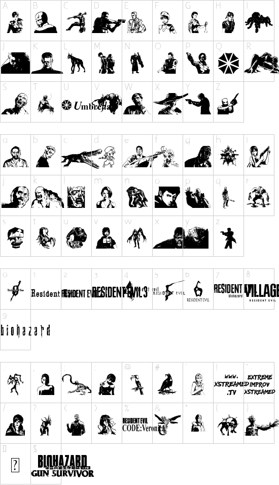 Resident Evil Rebirth font character map