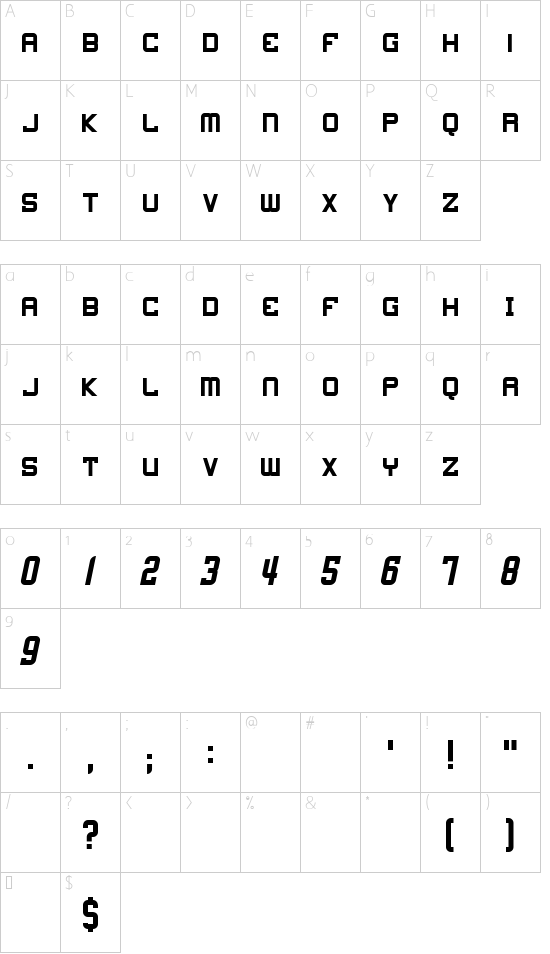 4th and Inches font character map