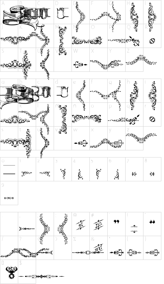 Deborah Extras/Ornaments font character map