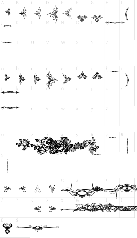 Eutemia Ornaments font character map