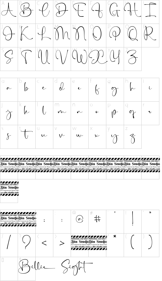 Billie Sight Personal Use font character map